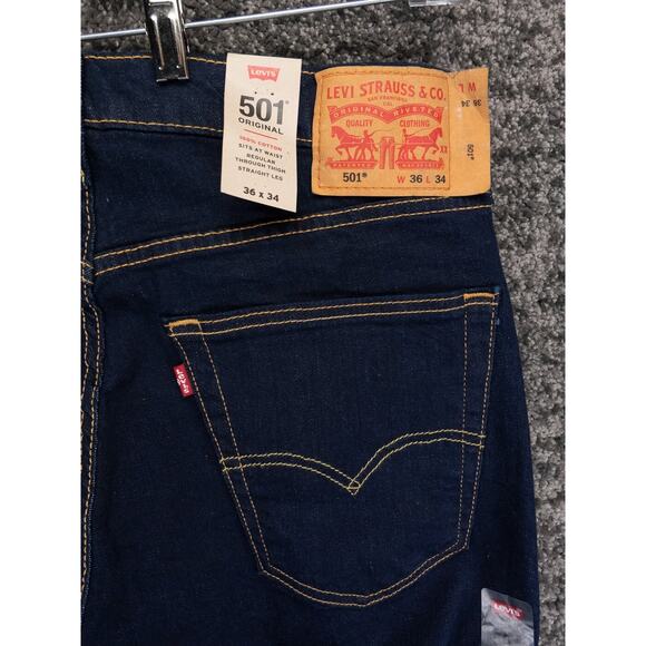 Levis 501 Jeans Mens 36x34 Blue Straight Leg Button Fly Stretch Denim Casual NWT - Picture 14 of 16